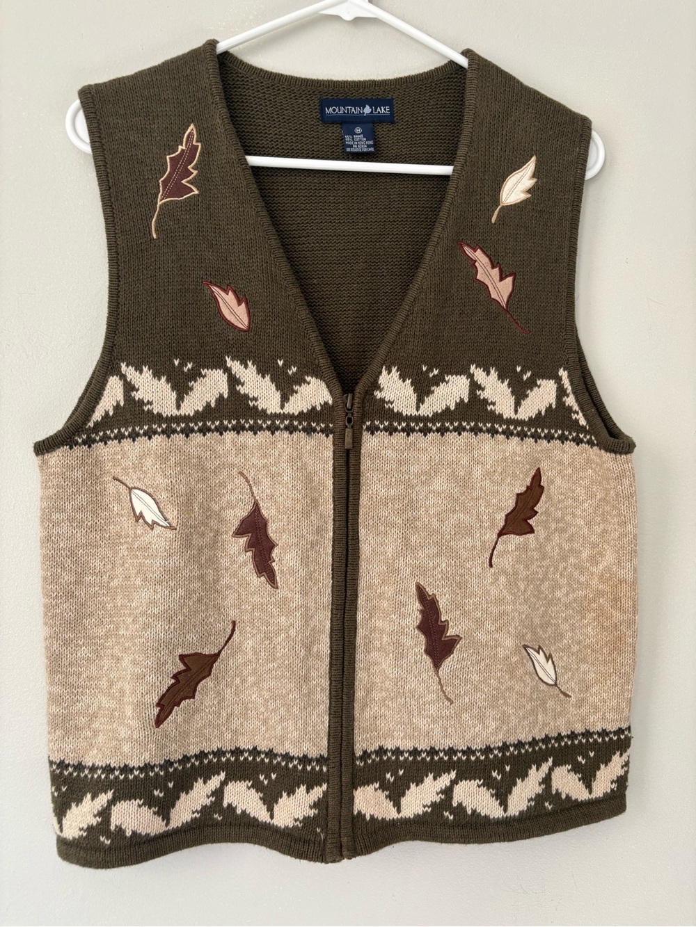 Vintage Green & Beige Cottage Knitted Embroidered Fall Theme Boho Vest Med Large